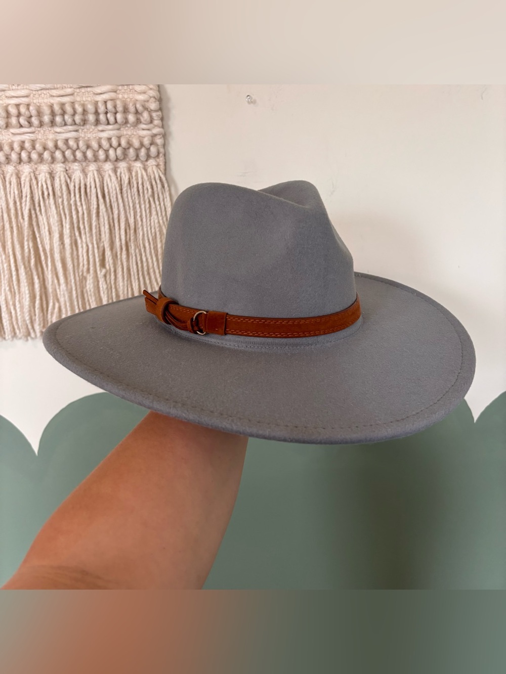 Gray Wide-Brim Fedora with Brown Leather Band